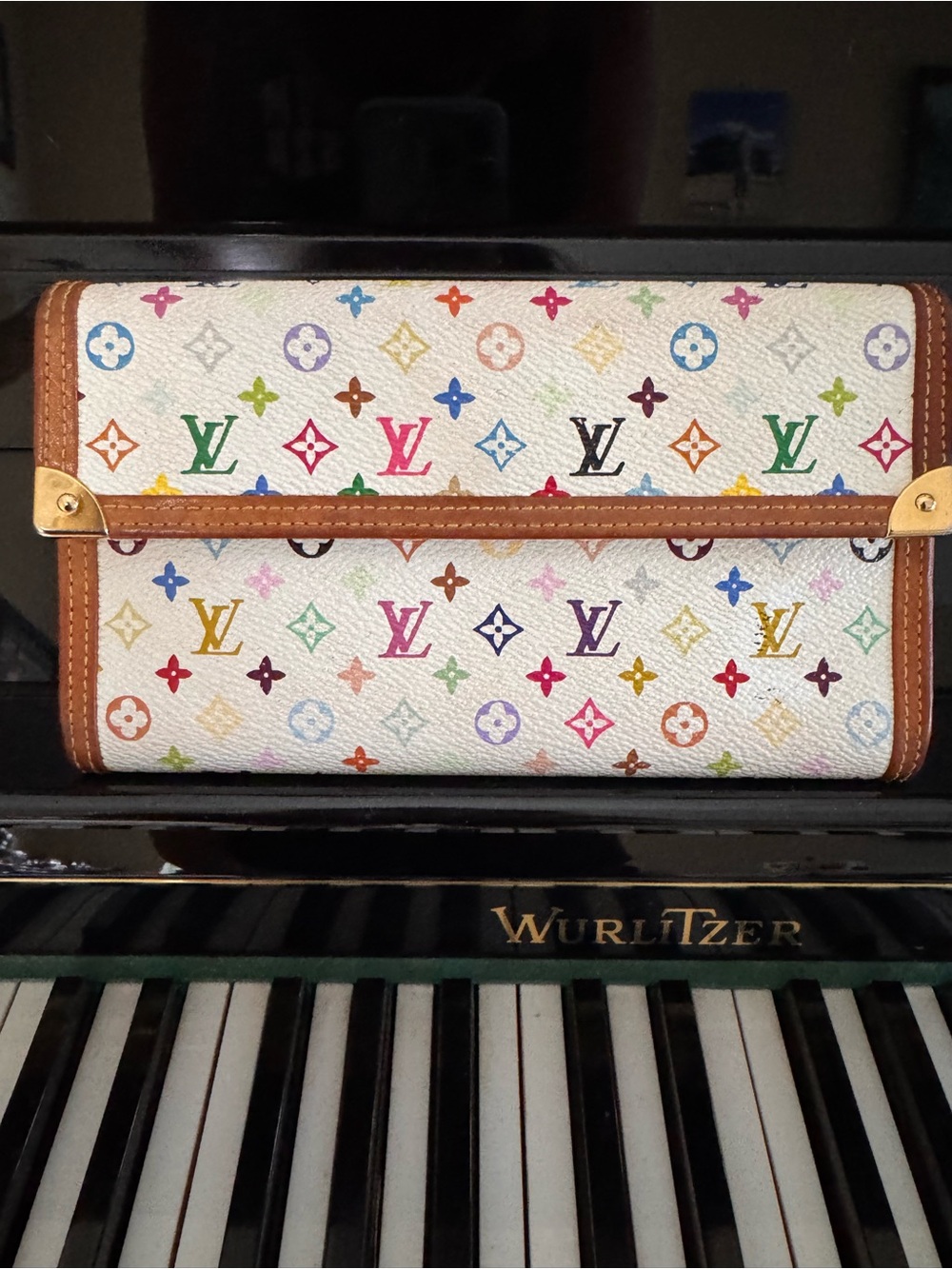 Louis Vuitton White Multicolor Monogram Clutch with Tan Trim